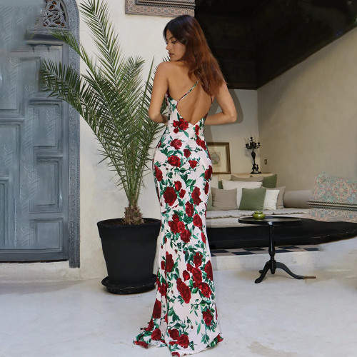 Women's halter backless deep V printed floral sexy slim fit dress