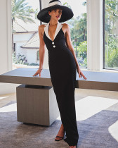 Women's lapel long dress with open back and slits