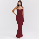 Women's sexy backless pleated sling long dress