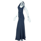 Women's Pleated Sexy Hollow Hip Skirt Slim High Neck Sleeveless Solid Color Long Dress