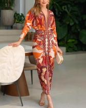 Summer women's print slit sexy low-cut V-neck midi dress
