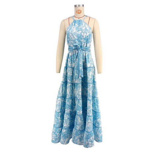 Summer women's clothing halter neck waist A-line loose large skirt floral long dress