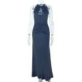 Women's Pleated Sexy Hollow Hip Skirt Slim High Neck Sleeveless Solid Color Long Dress