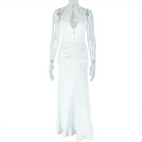 Women's Pleated Sexy Hollow Hip Skirt Slim High Neck Sleeveless Solid Color Long Dress
