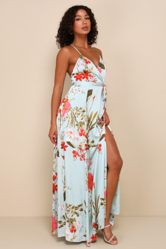 Women's V-neck sling printed backless slit casual holiday beach long dress