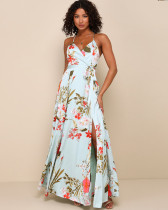 Women's V-neck sling printed backless slit casual holiday beach long dress