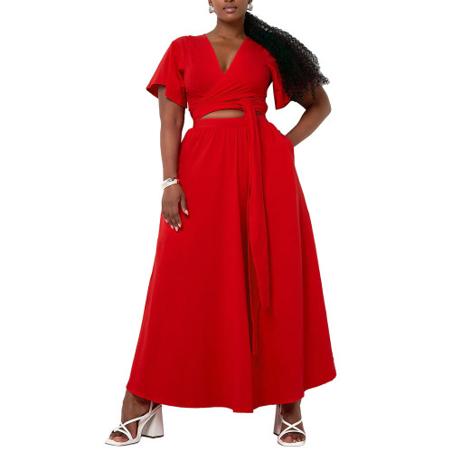 Plus Size Women Clothing Solid color trumpet sleeve V-neck two-piece maxi skirt set