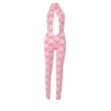 Summer women's sexy hollow out lace halter neck backless tight jumpsuit trousers for women