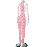 Summer women's sexy hollow out lace halter neck backless tight jumpsuit trousers for women