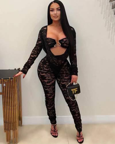 Summer women's sexy long sleeve lace collar tight jumpsuit