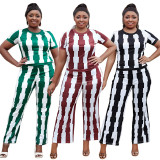 Plus size slim fit elastic striped short-sleeved top wide-leg pants two-piece set