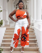 Printed one-shoulder crop top wide-leg trousers two-piece set