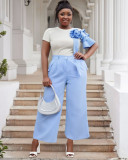 Round neck short sleeve striped contrast color wide leg pants two piece set