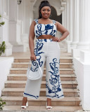 Summer sexy Printed Suspender High Waist Wide Leg Pants Two-Piece Set