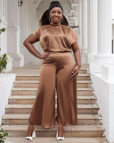 Plus size satin flying sleeve top wide leg pants two-piece set