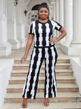 Plus size slim fit elastic striped short-sleeved top wide-leg pants two-piece set