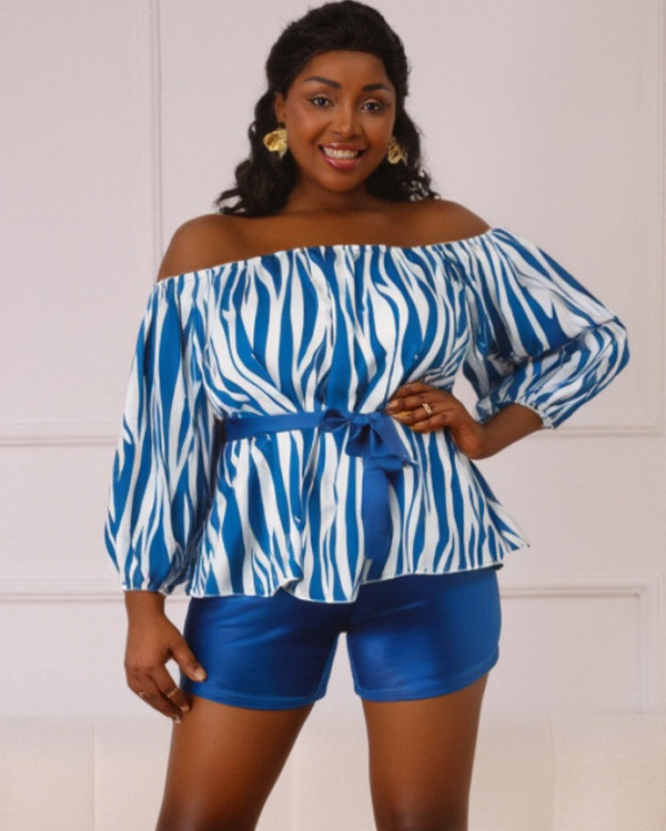 Women's plus size summer sexy off-shoulder top and shorts two-piece set