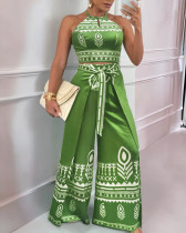 Women's green positioning print vest pants set