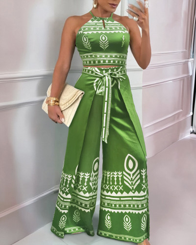 Women's green positioning print vest pants set