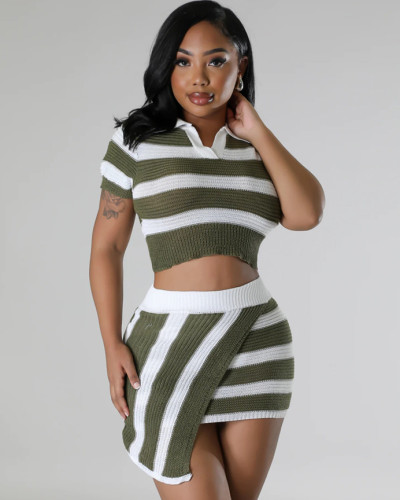 Fashionable lapel short-sleeved striped color-blocked knitted skirt two-piece set
