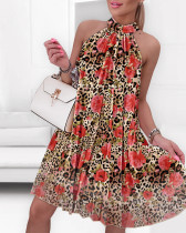 Women's Leopard Print Floral Sleeveless Pleated Short Holiday Dress