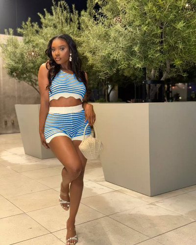 Casual summer contrast color knitted shorts short-sleeved set