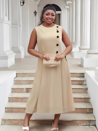 Plus size women's elegant stand collar sleeveless button khaki dress