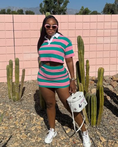 Fashion striped contrast color long-sleeved top short skirt set