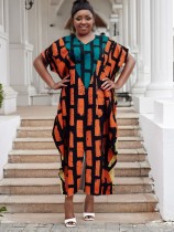 Plus size women's sexy casual contrast color printing loose slit dress