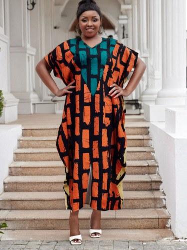 Plus size women's sexy casual contrast color printing loose slit dress