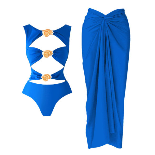 Solid color hollow out sexy one-piece female swimsuit set