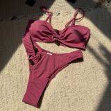 Sexy hollow out beads solid color ribbed split swimsuit bikini