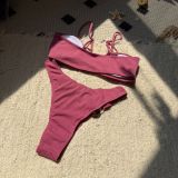 Sexy hollow out beads solid color ribbed split swimsuit bikini