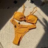 Sexy hollow out beads solid color ribbed split swimsuit bikini