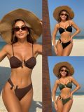 Sexy hollow out beads solid color ribbed split swimsuit bikini