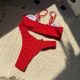 Sexy hollow out beads solid color ribbed split swimsuit bikini