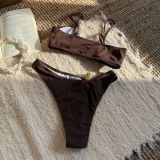 Sexy hollow out beads solid color ribbed split swimsuit bikini