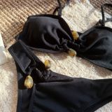 Sexy hollow out beads solid color ribbed split swimsuit bikini