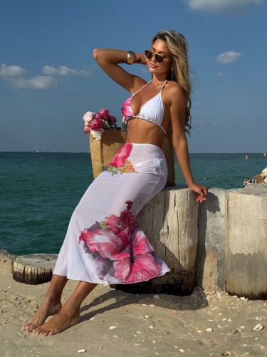 Printed floral three-piece mesh long skirt sexy bikini