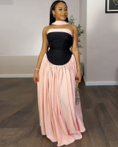 Summer tube dress contrast color low waist pleated long dress