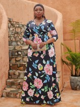 Plus size women's clothing V-neck three-quarter sleeve Bohemian beach long dress