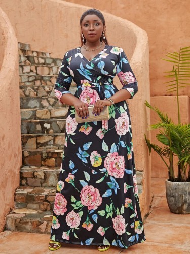 Plus size women's clothing V-neck three-quarter sleeve Bohemian beach long dress