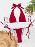 Two-piece sexy red pearl-embellished backless swimsuit