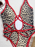 Bikini bikini leopard print contrast color strap one-piece swimsuit