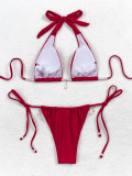 Two-piece sexy red pearl-embellished backless swimsuit
