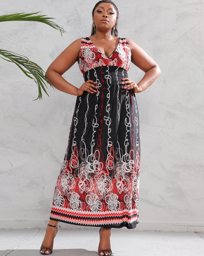 Plus size dress backless deep V neck retro paisley long dress summer