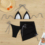 Colorblock braided mesh quick-drying sexy three-piece bikini swimsuit for women