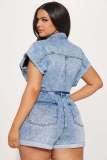 High elastic short sleeve slim fit washed denim jumpsuit