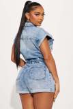 High elastic short sleeve slim fit washed denim jumpsuit
