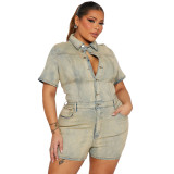 High elastic short sleeve slim fit washed denim jumpsuit